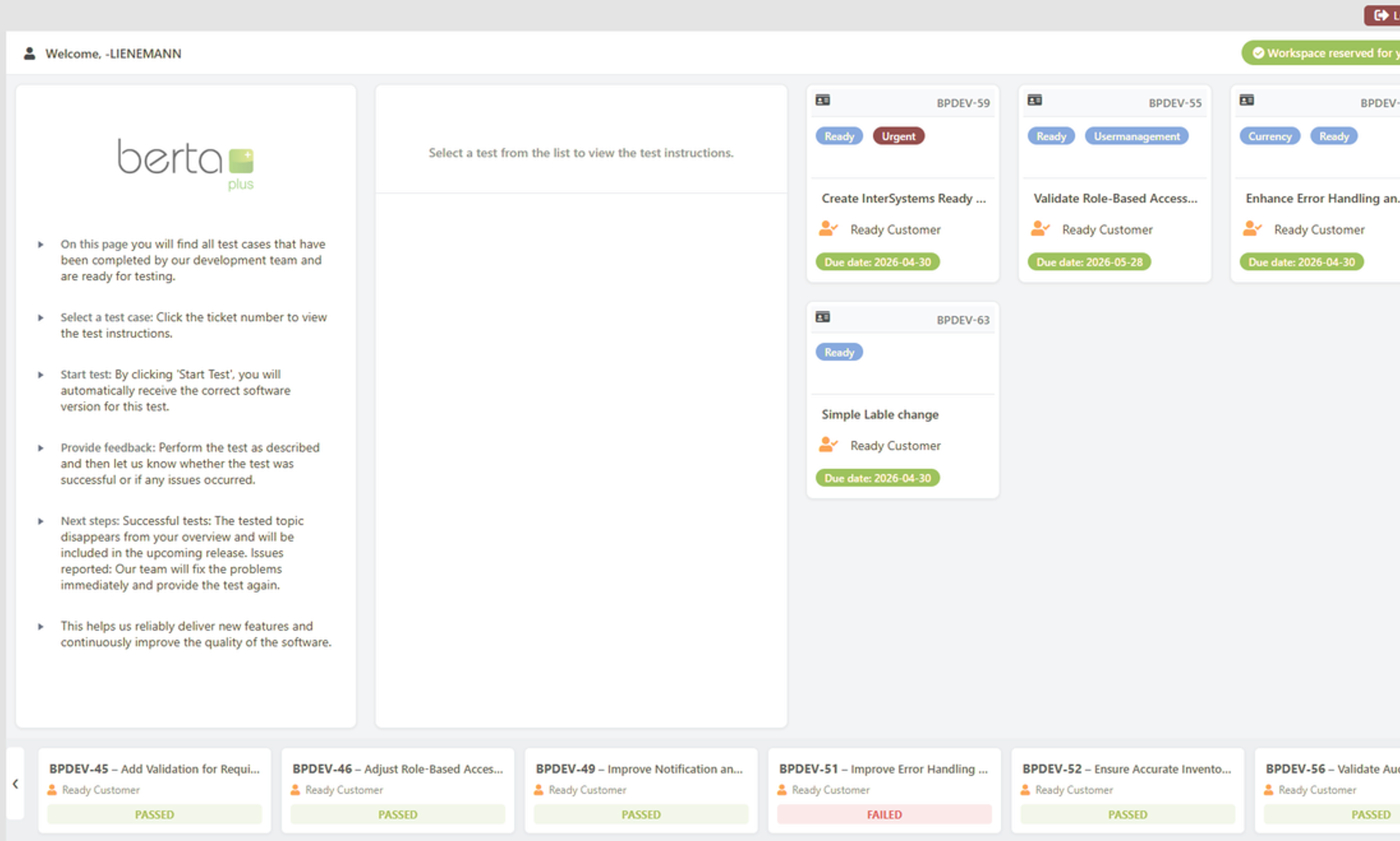 Screenshot der bertaplus Testumgebung